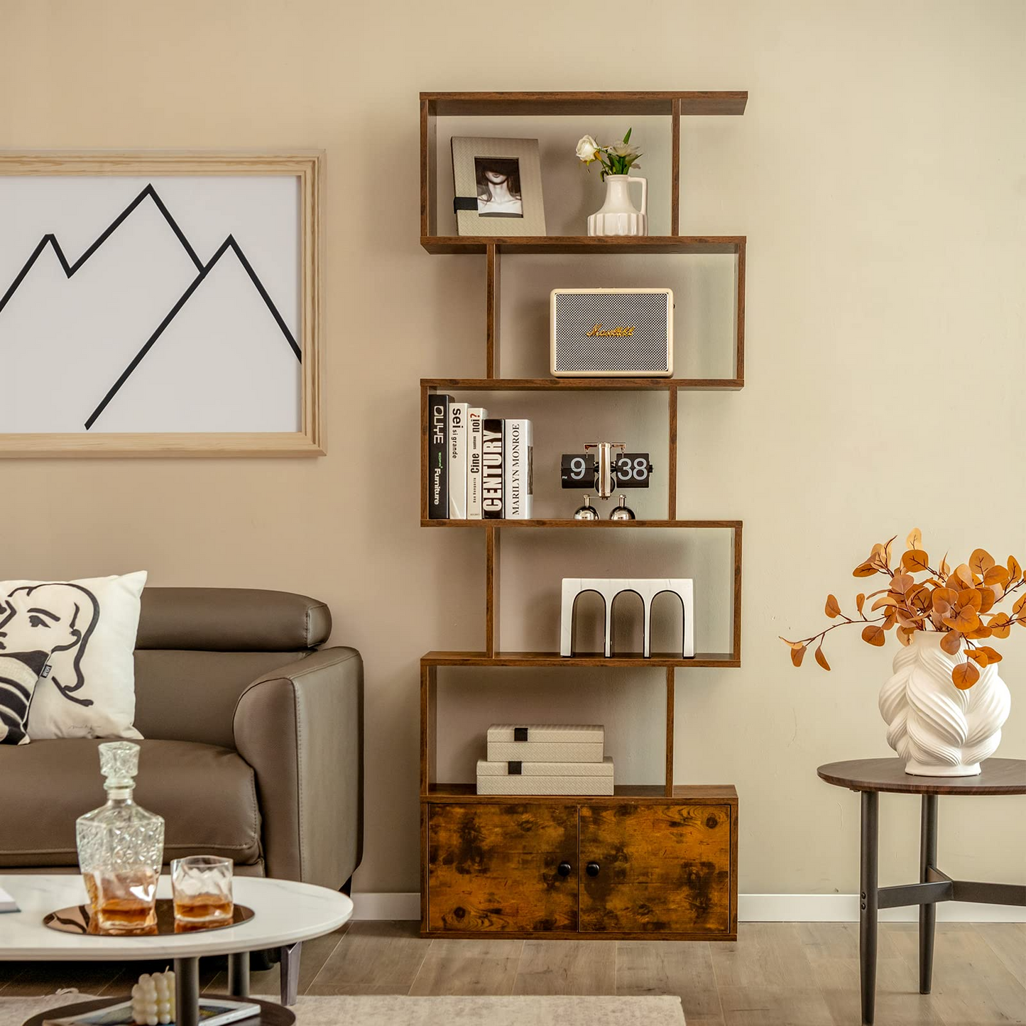 Tangkula S Shaped Bookshelf with Cabinet, 6-Tier Bookcase with Doors, Freestanding Geometric Bookshelves for Living Room