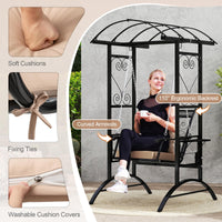Balançoire de porche à cadre métallique Tangkula avec treillis en arc, coussins amovibles et tables d'appoint