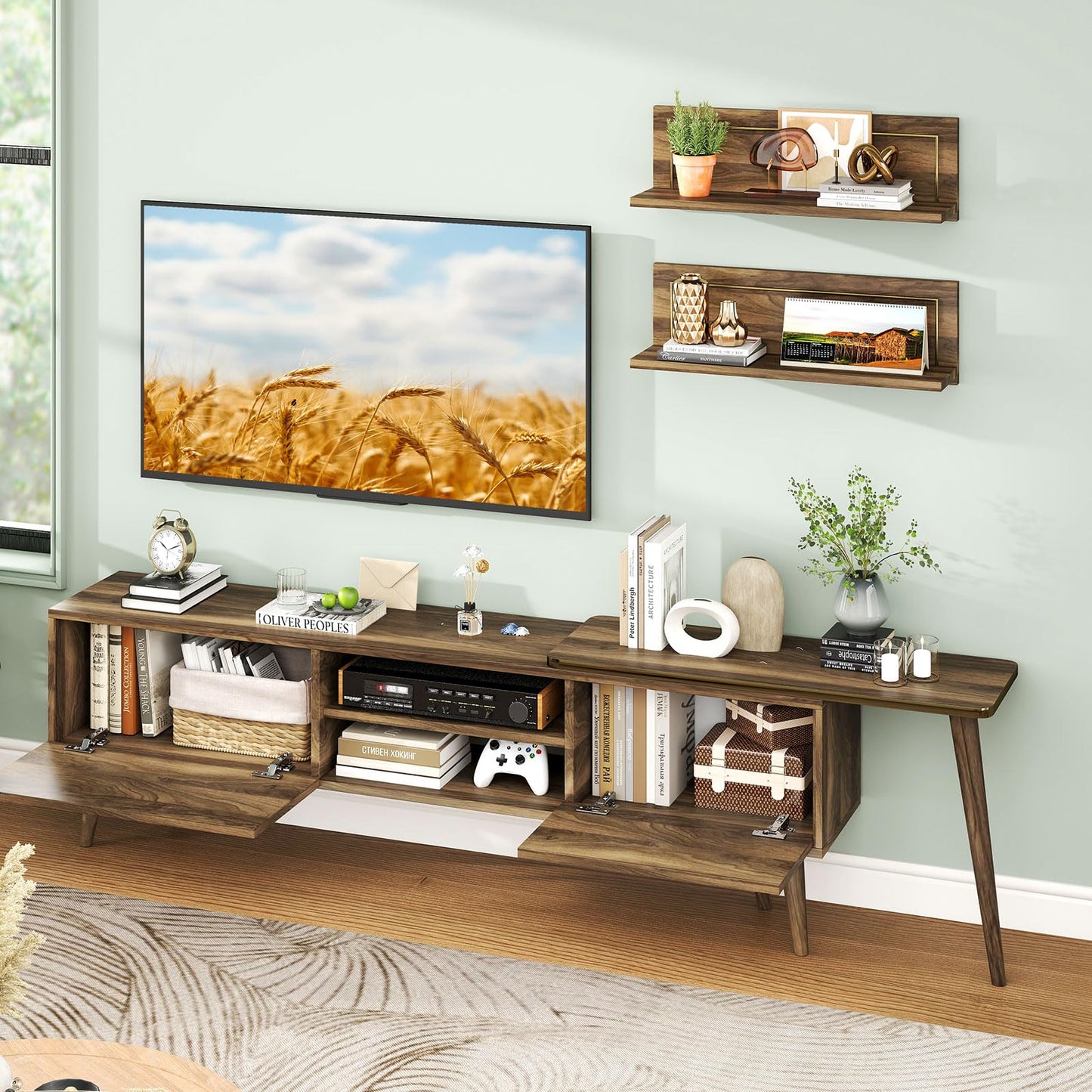 Tangkula Farmhouse TV Stand with 2 Wall Shelves for Living Room