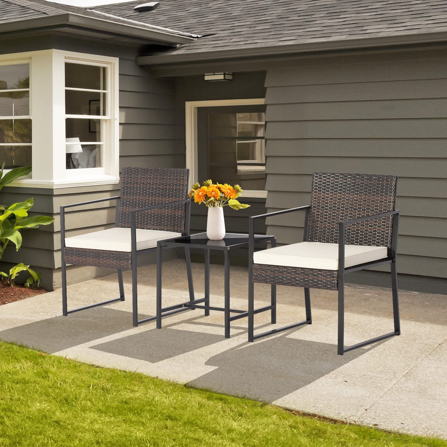 Tangkula 3 Piece Patio Furniture Set, Modern Heavy Duty All Weather Cushioned Wicker Chairs and Coffee Table Set