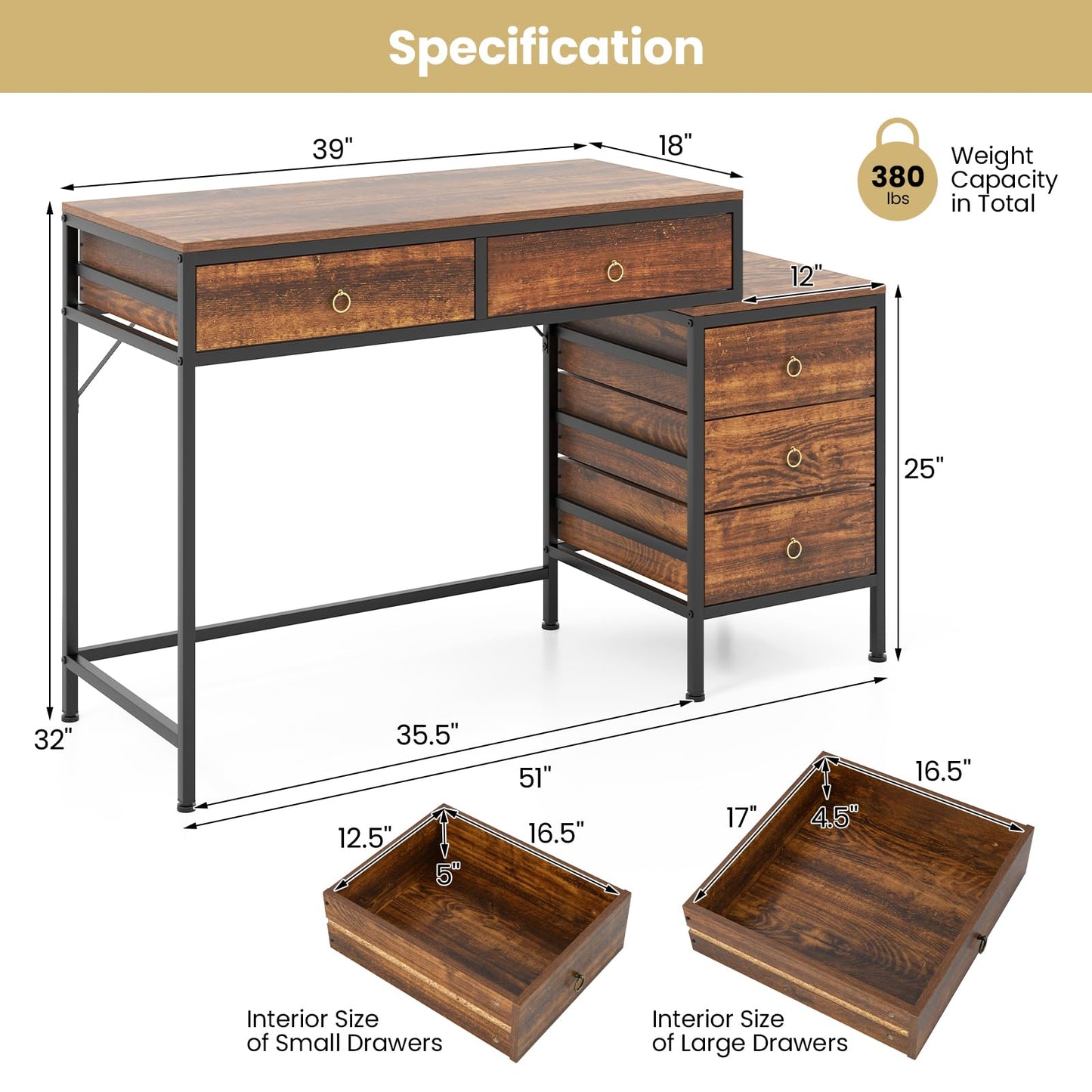 Tangkula Bureau d'ordinateur 130 cm avec 5 tiroirs, support pour imprimante, cadre en métal, table d'étude et d'écriture