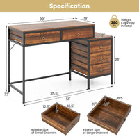 Tangkula Bureau d'ordinateur 130 cm avec 5 tiroirs, support pour imprimante, cadre en métal, table d'étude et d'écriture