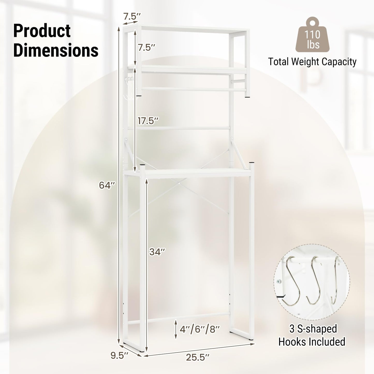 Tangkula 3-Tier Over The Toilet Storage with Hanging Bar & 3 S-Shaped Hooks