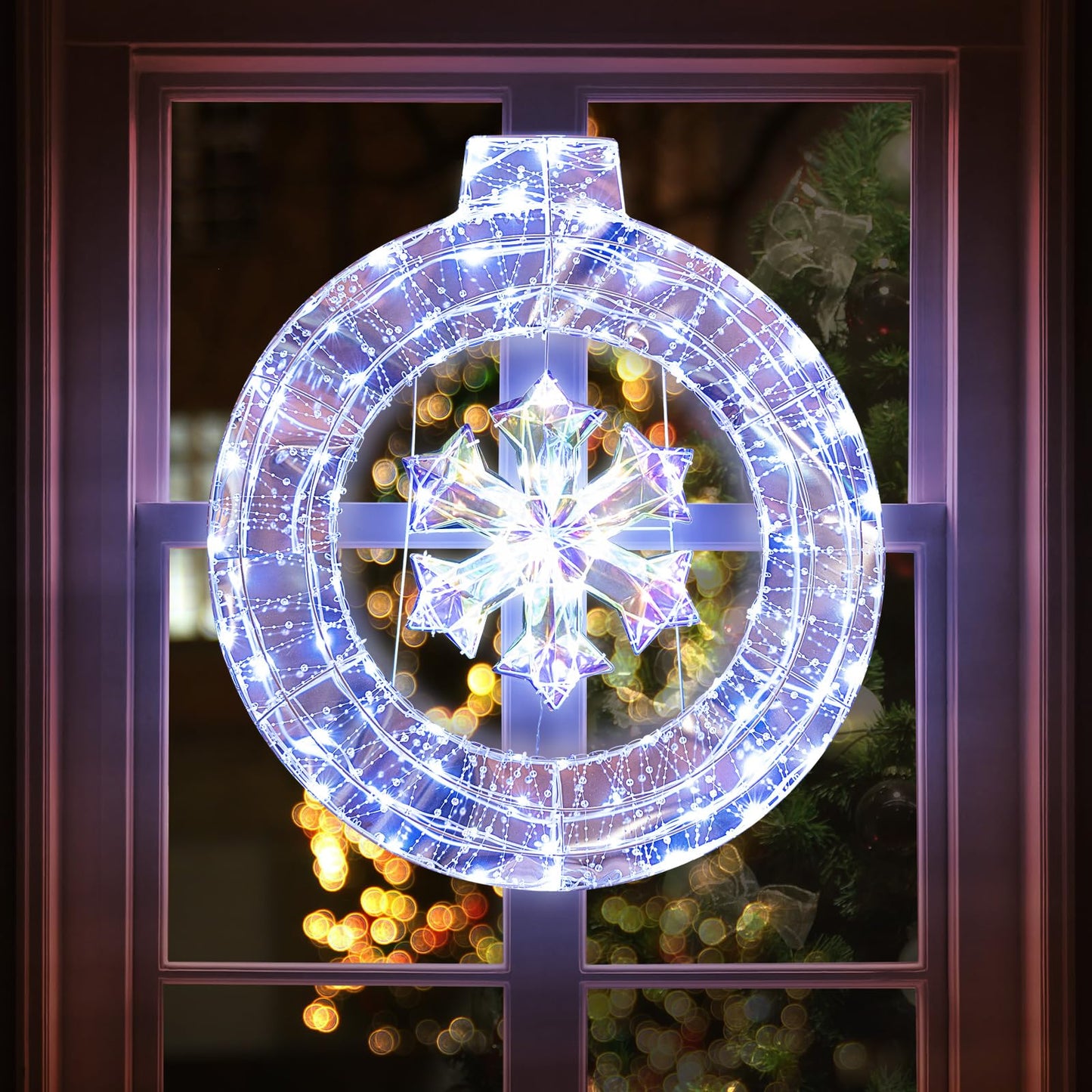 Tangkula 33 Inch Lighted Snowflake Christmas Wreath w/Hanging Ring & Support Bracket