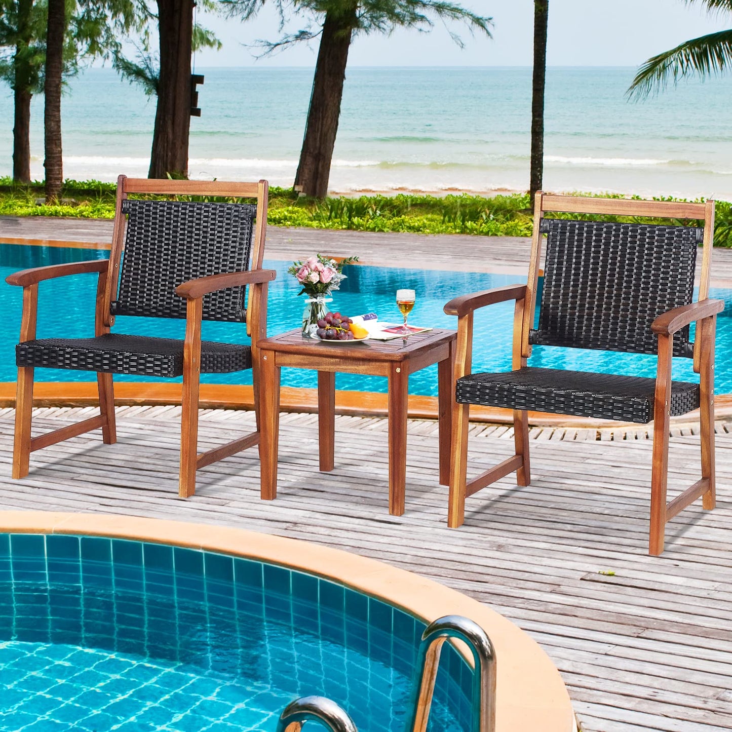 3-Piece Patio Acacia Wood Bistro Set, Patiojoy Outdoor Furniture Set with 2 Chairs & 1 Side Table