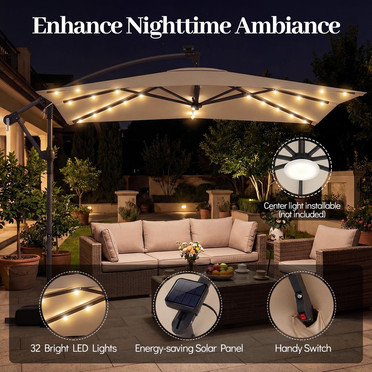 Tangkula 8x8 FT Solar Patio Umbrella with Base Included Square Offset Cantilever 360 Degree Rotation 32 LED Lights