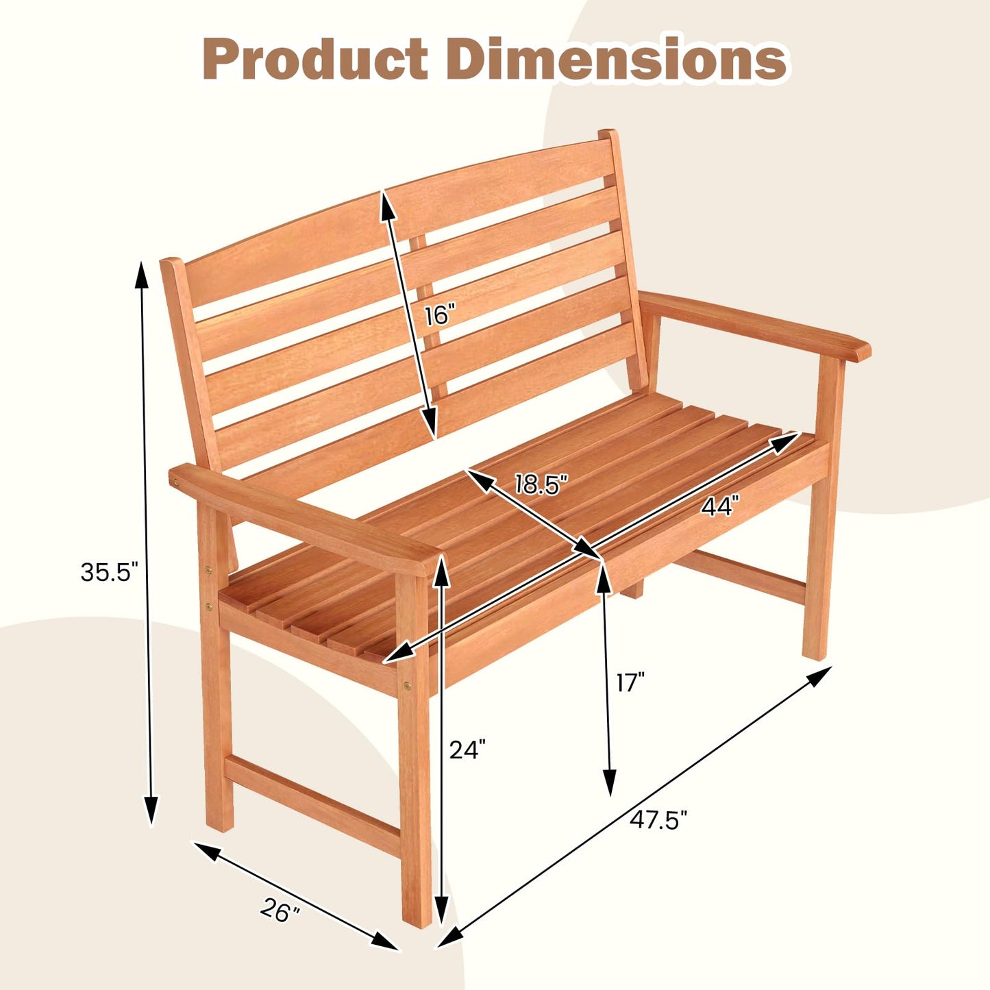 Tangkula Wooden Garden Bench, 2-Person Patio Loveseat with Slatted Backrest