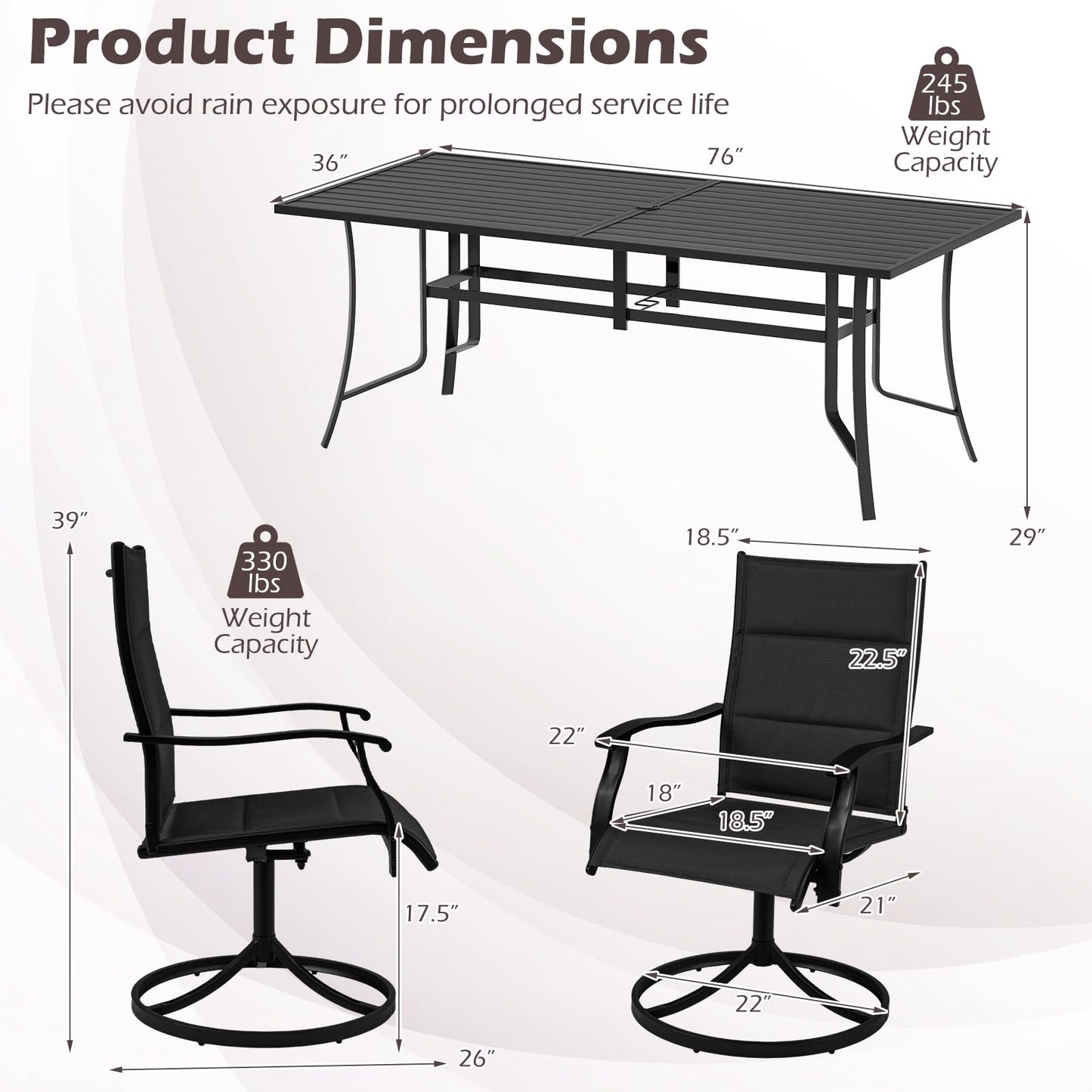 Tangkula 76” Rectangular Patio Table with Umbrella Hole and 8 Swivel Chairs with Heavy-Duty Metal Frame
