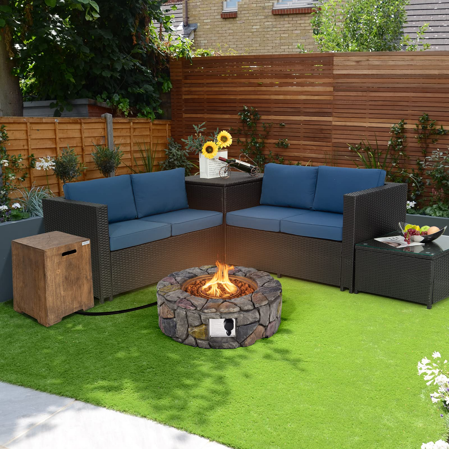 28 Inch Round Propane Gas Fire Pit, Patiojoy 40,000 BTU Stone Look Outdoor Propane Fire Pit - Tangkula