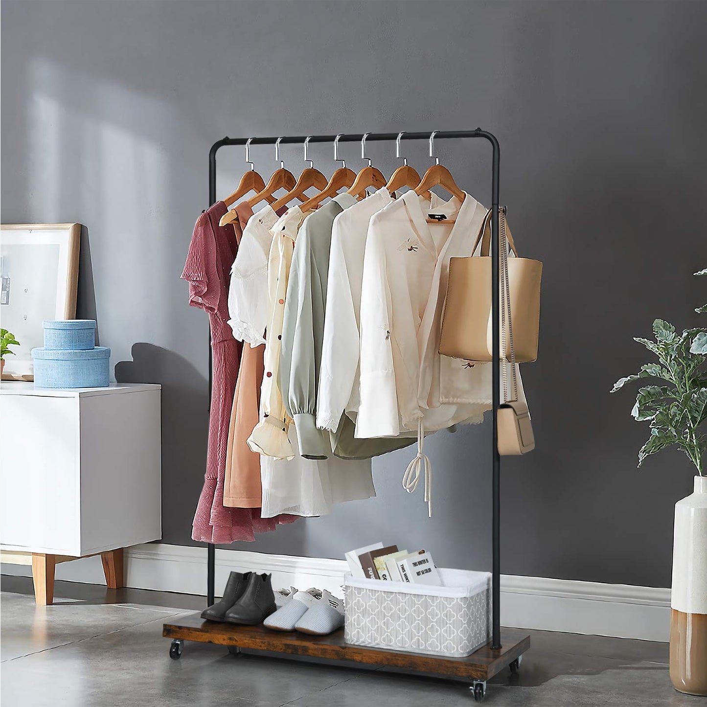 Tangkula Industrial Pipe Style Rolling Garment Rack Clothes Rack with Wood Shelf