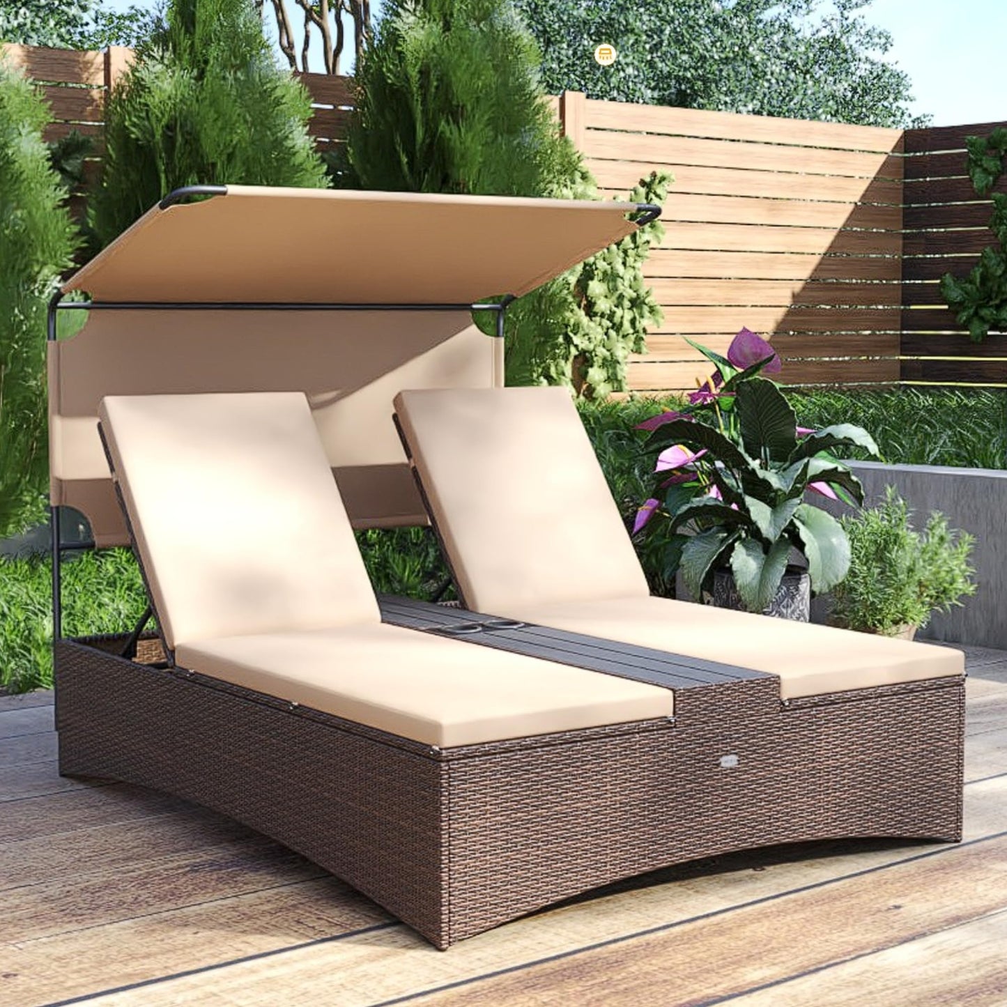 Tangkula 2-Person Outdoor Rattan Daybed with Canopy & 4-Level Adjustable Backrests