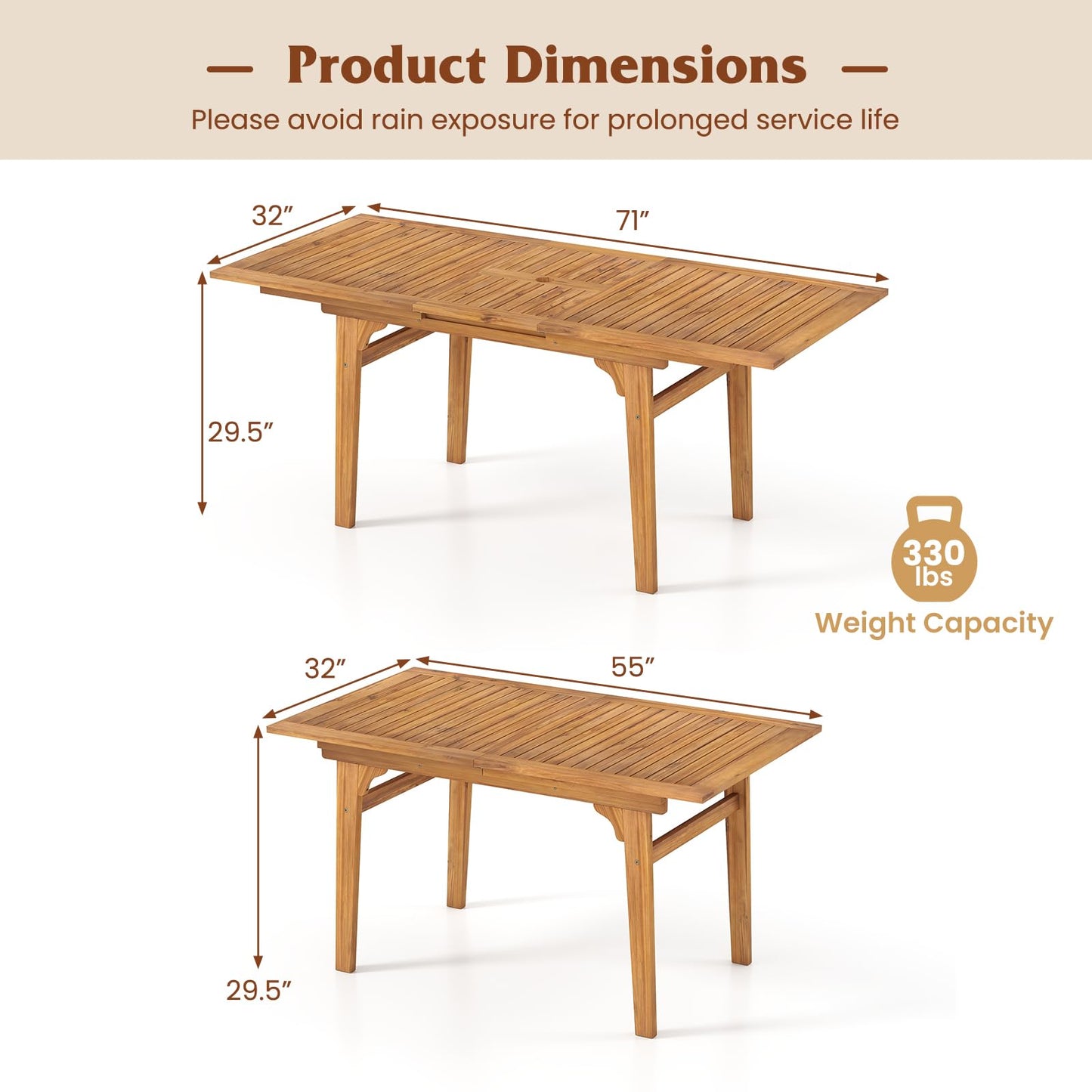 Tangkula Acacia Wood Patio Expandable Dining Table