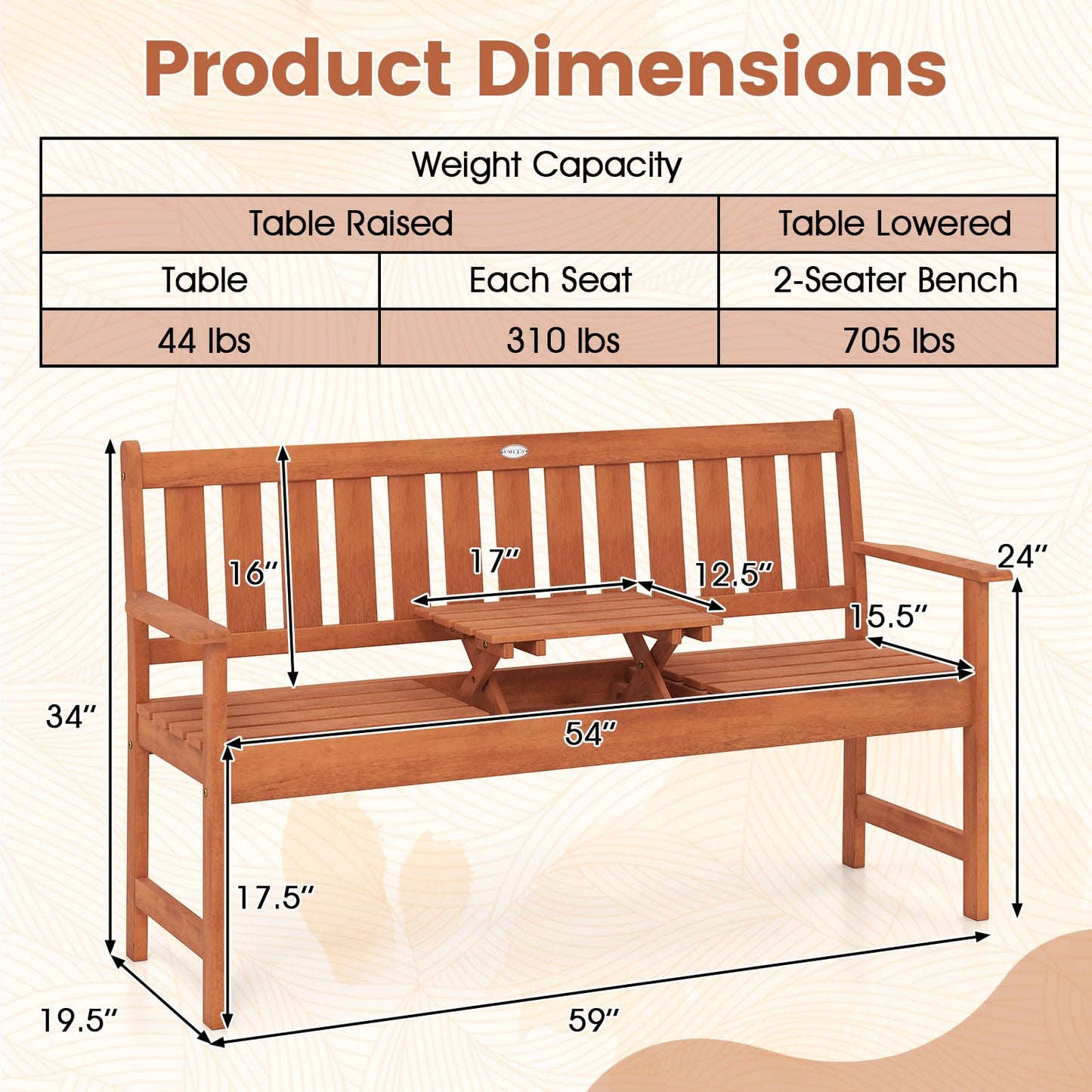 Tangkula 59" Wood Outdoor Bench with Pull