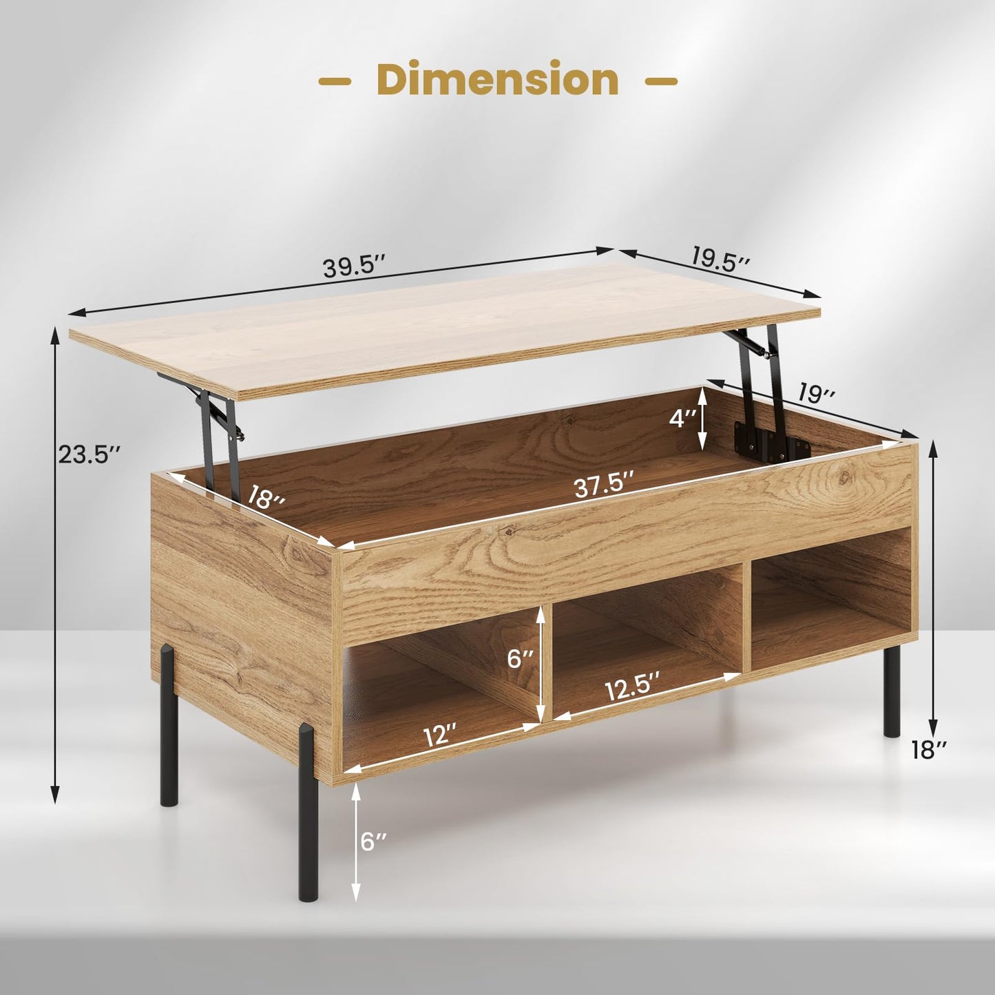 Tangkula Lift Top Coffee Table with Metal Legs, Rising Center Table w/Hidden Compartment & 3 Open Cubbies