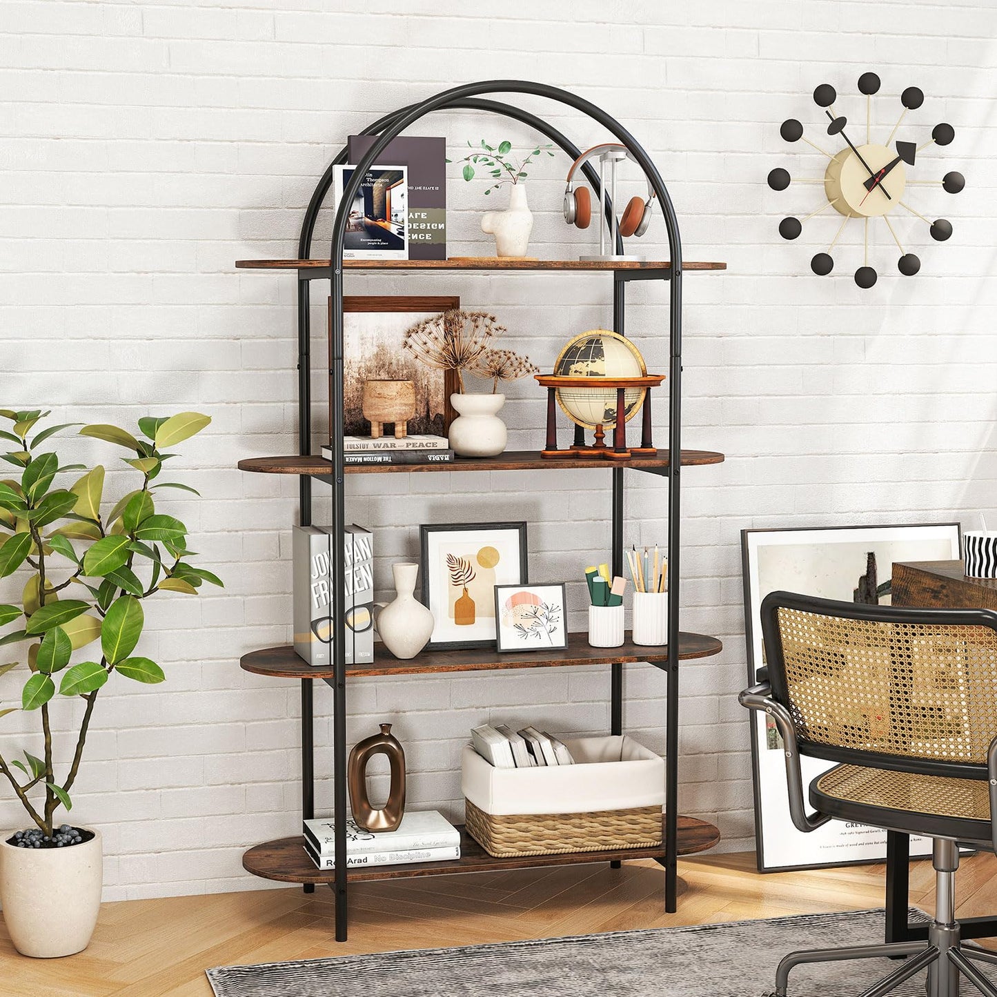 Tangkula 4 Tier Arched Bookshelf 61.5” Industrial Modern Freestanding Storage Rack (1 Pack/2 Pack)