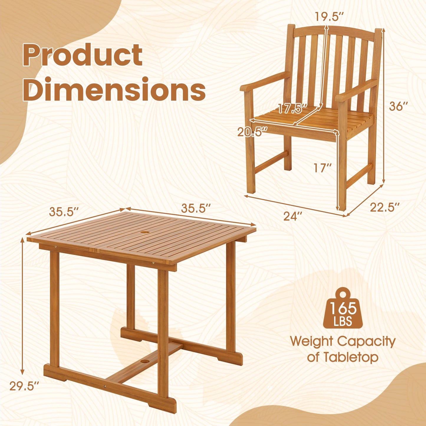 Tangkula 35.5" Acacia Wood Square 4-Person Patio Table with Umbrella Hole