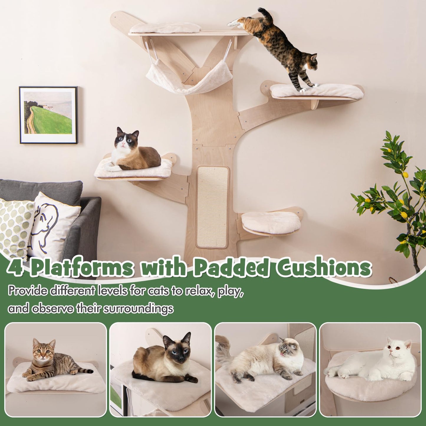Meuble Arbre à Chat Mural Tangkula avec 4 Plateformes Rembourrées