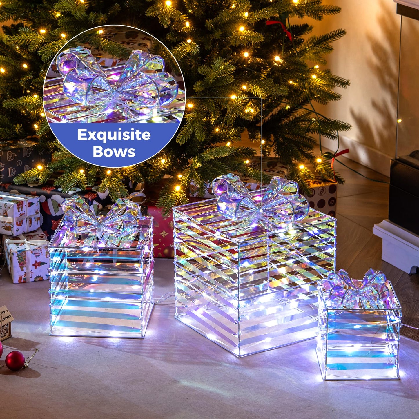 Tangkula Set of 3 Christmas Lighted Gift Boxes with Bows and Plug