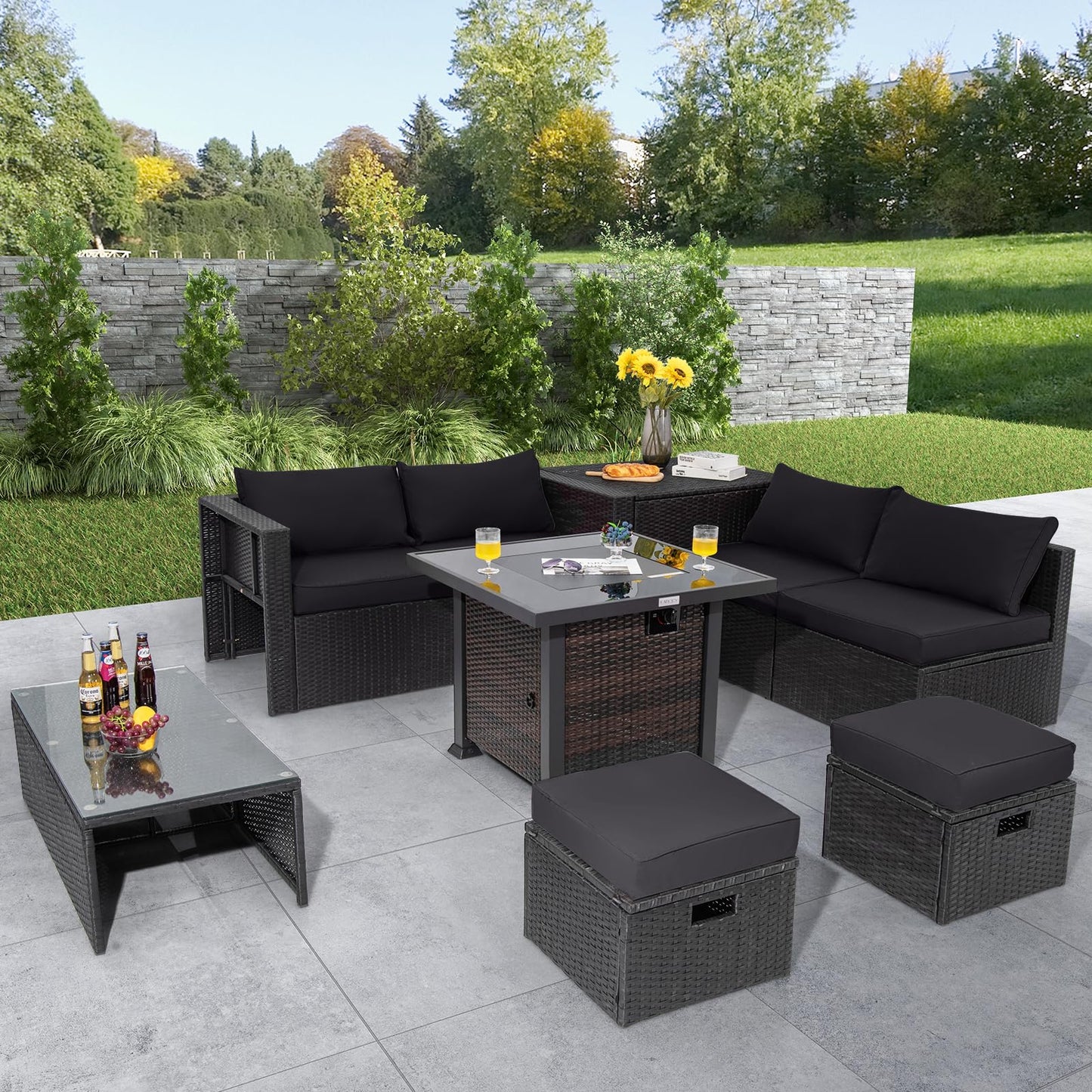 Tangkula 9 Pieces Patio Furniture Set with 32” Fire Pit Table, 50,000 BTU Square Propane Fire Pit