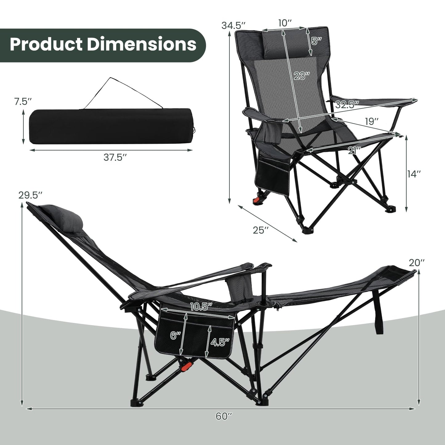 Tangkula Reclining Camping Chair with Removable Footrest