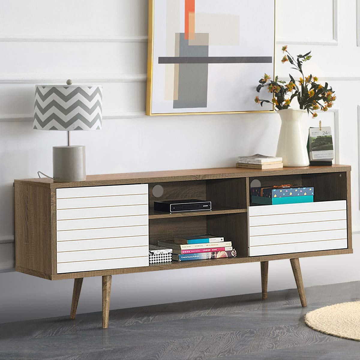 Tangkula Mid-Century Modern TV Stand for TVs up to 65 Inch, Wooden TV Console Table with Storage Shelves