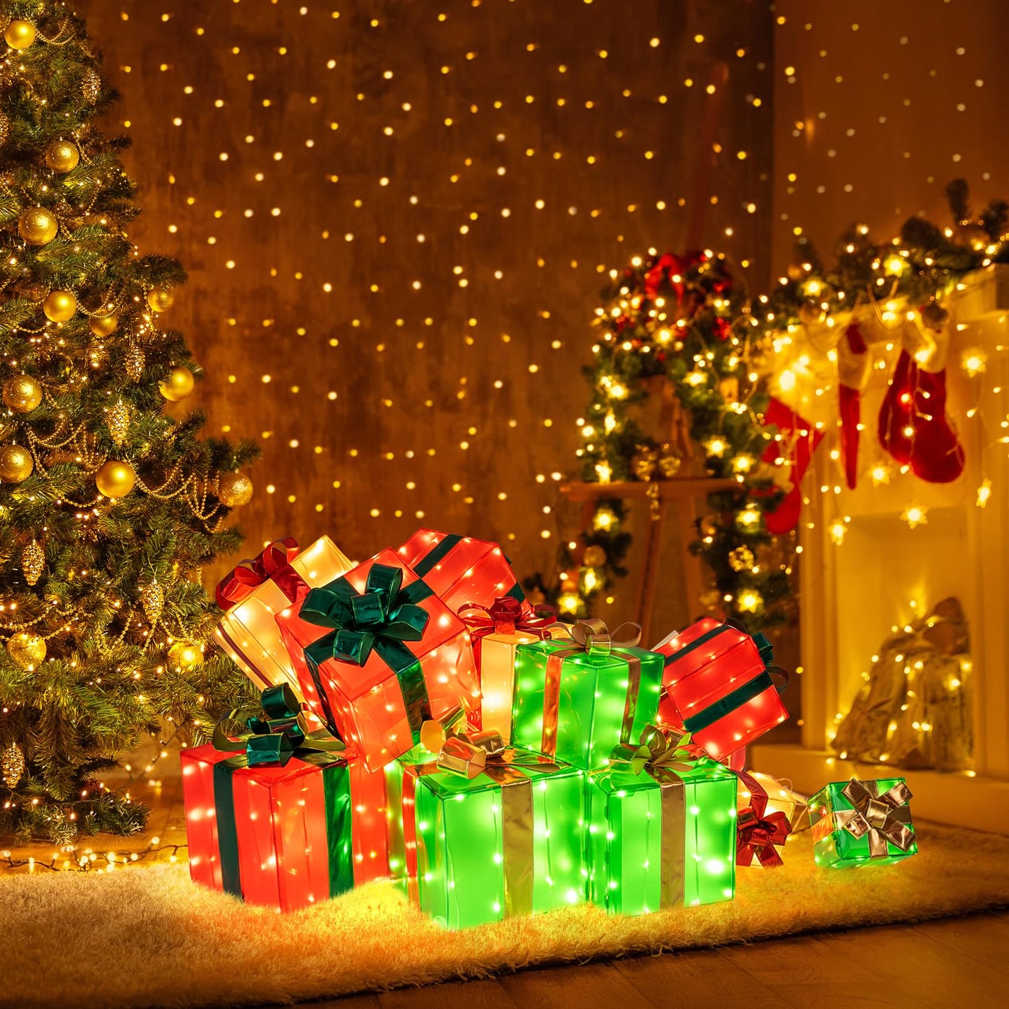 Tangkula Tour de cadeaux pré-éclairée de 1,70 m avec 15 boîtes de Noël lumineuses, nœud et 483 ampoules LED