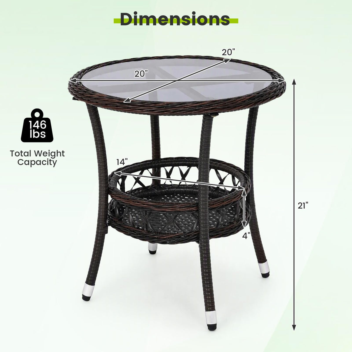 Tangkula Outdoor Rattan Side Table with Tempered Glass Top