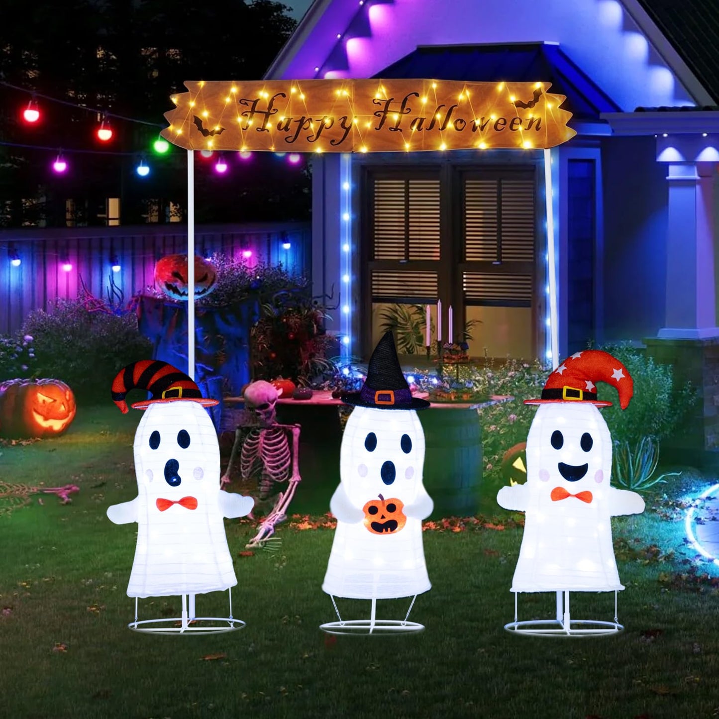 Tangkula Halloween Lighted 3 Pop up Ghosts with Gate