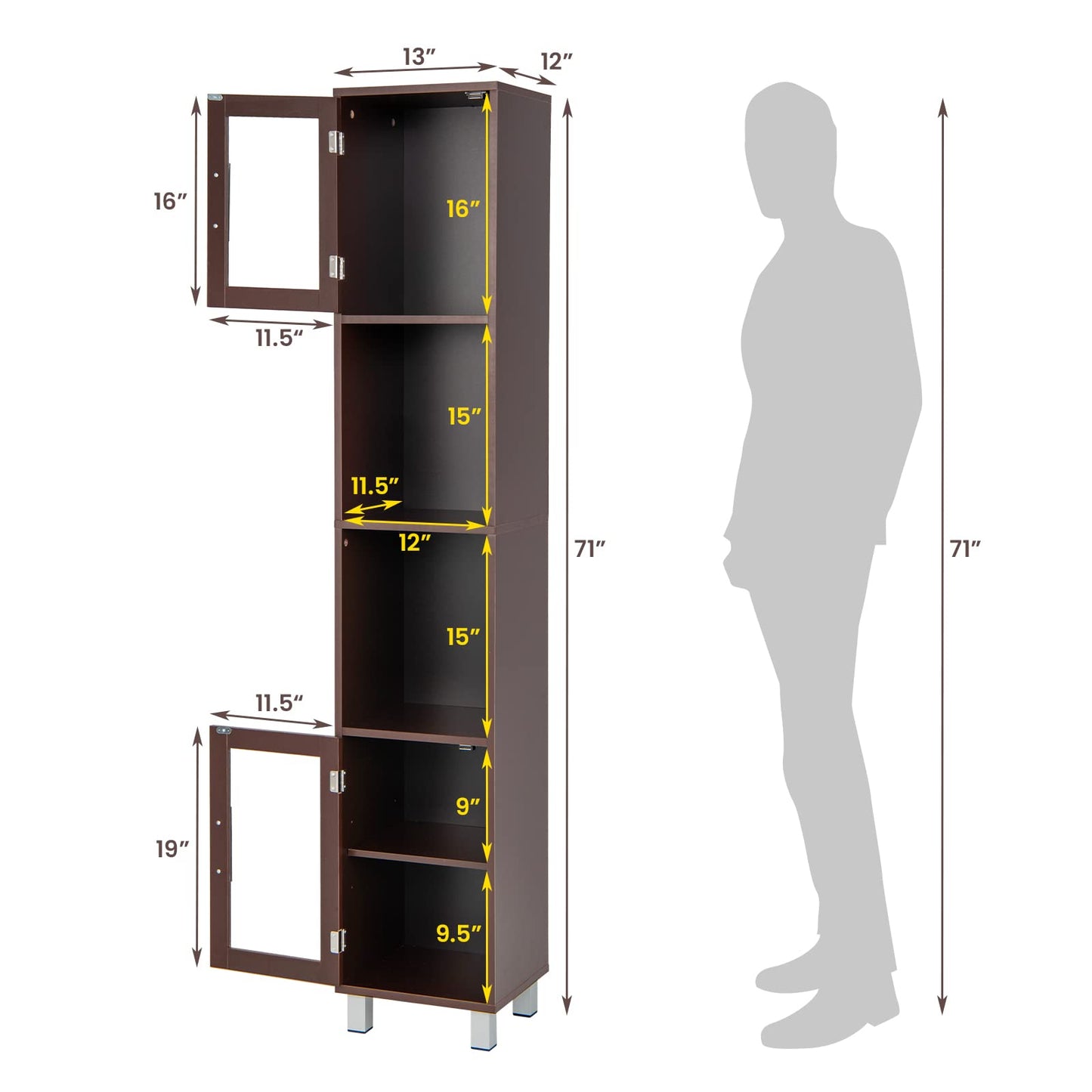 Tangkula Tall Bathroom Cabinet, Home Bedroom Living Room Wood Linen Storage Cabinet Free Standing
