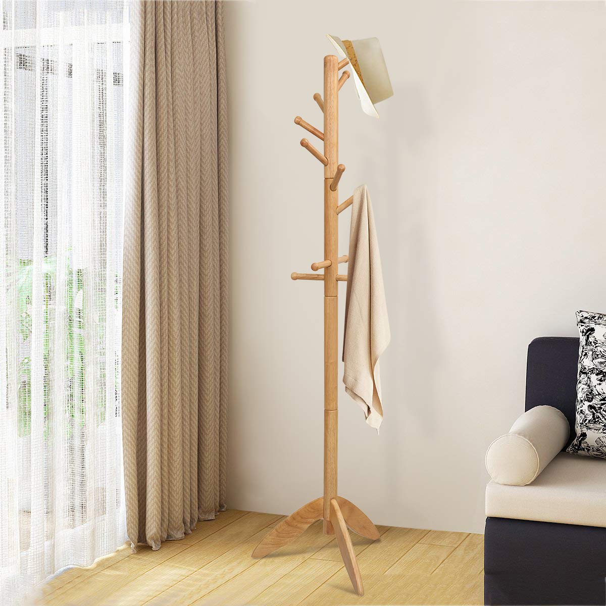 Tangkula Wood Tree Coat Rack with 11 Hooks & Stable Tri-Legged Base