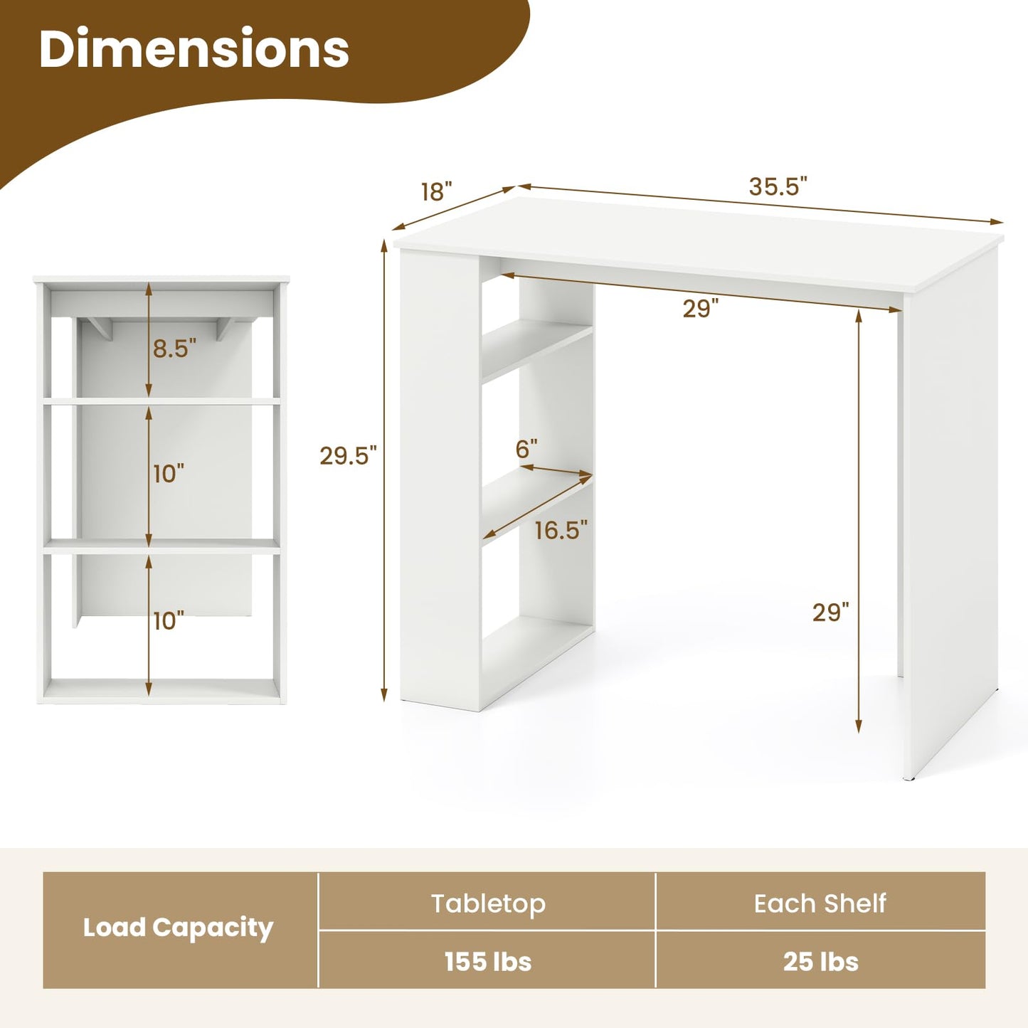 Tangkula Small White Desk with 3-Tier Bookshelf