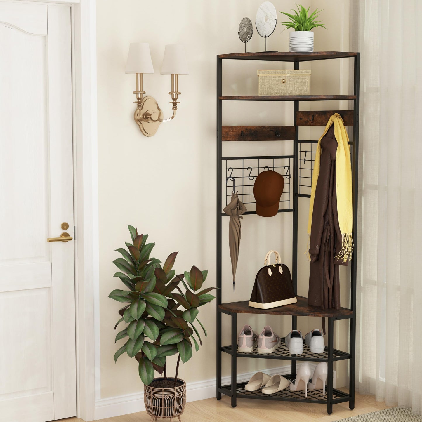 Tangkula 5-Tier Corner Hall Tree with Shoe Storage Bench
