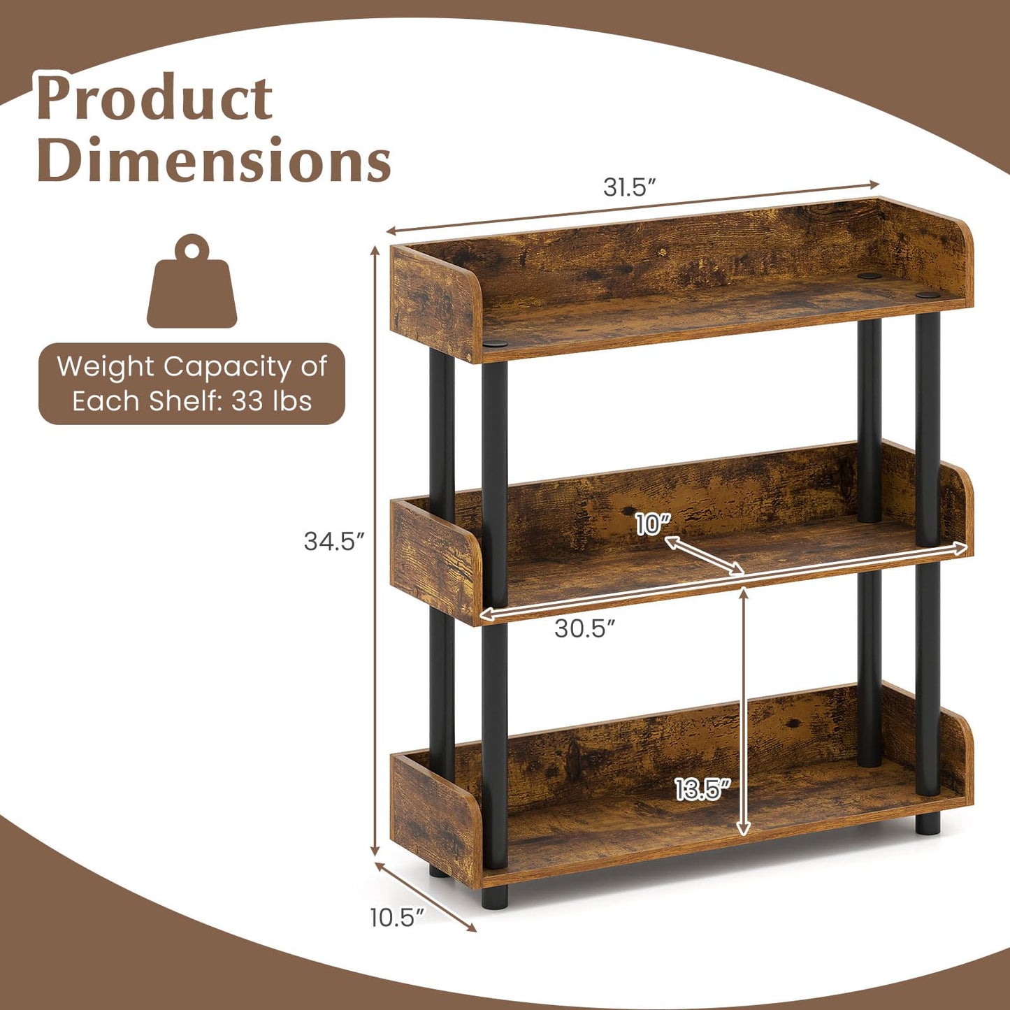 Tangkula 3-Tier Bookshelf Multipurpose Wood Standing Display Rack(1/2)