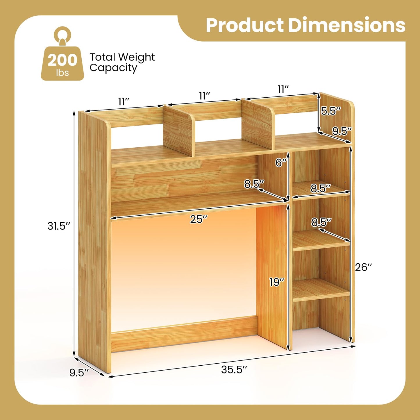 Tangkula Desktop Bookshelf with LED Lights & 8 Shelves for Max 25" Monitor