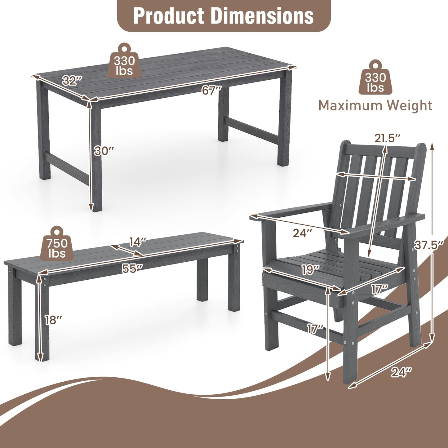 Tangkula 6 Pcs Patio Dining Bench Set for Garden