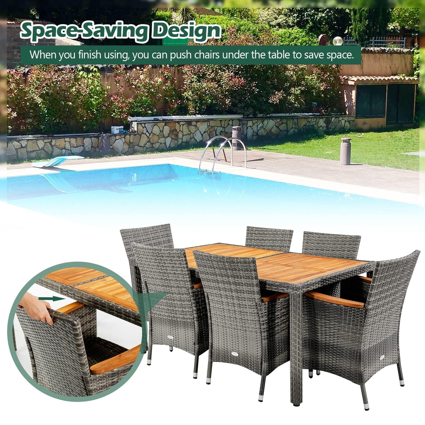Tangkula 9 Pieces Rattan Outdoor Dining Set with 13Ft Solar Patio Umbrella for 6