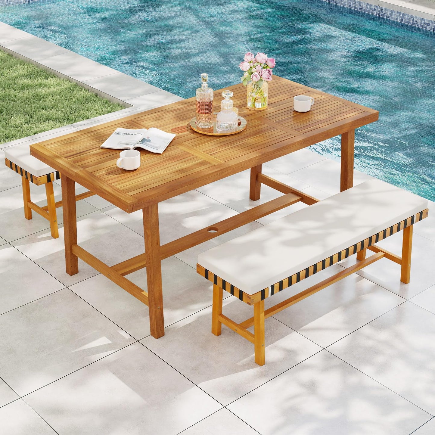 Tangkula 63” Outdoor Acacia Wood Rectangular Table with 1.97” Umbrealla Hole & 2 Cushioned Bench