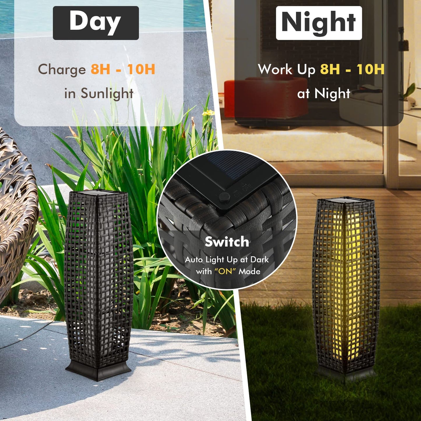 Tangkula 2-Piece Outdoor Solar Powered Floor Lamps, IP65 Waterproof Wicker Floor Lamps with Auto On/Off LED Light