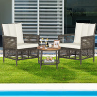 Tangkula 3 Piece Patio Conversation Set, Outdoor Rattan Chair Set W/ 2-Tier Coffee Table (Off White)