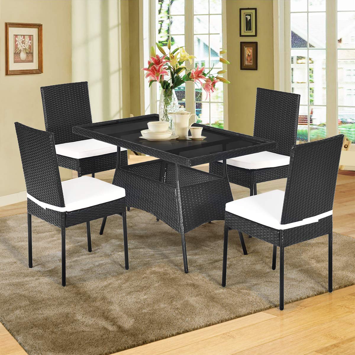 Tangkula 5 Piece Wicker Patio Dining Set with Tempered Glass Top & Padded Cushions