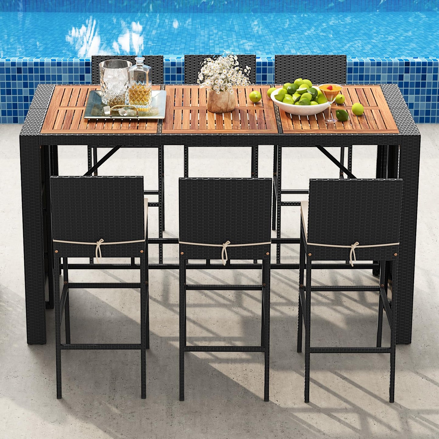 Tangkula 7 Piece Patio Wicker Bar Set with Backrest and Footrest