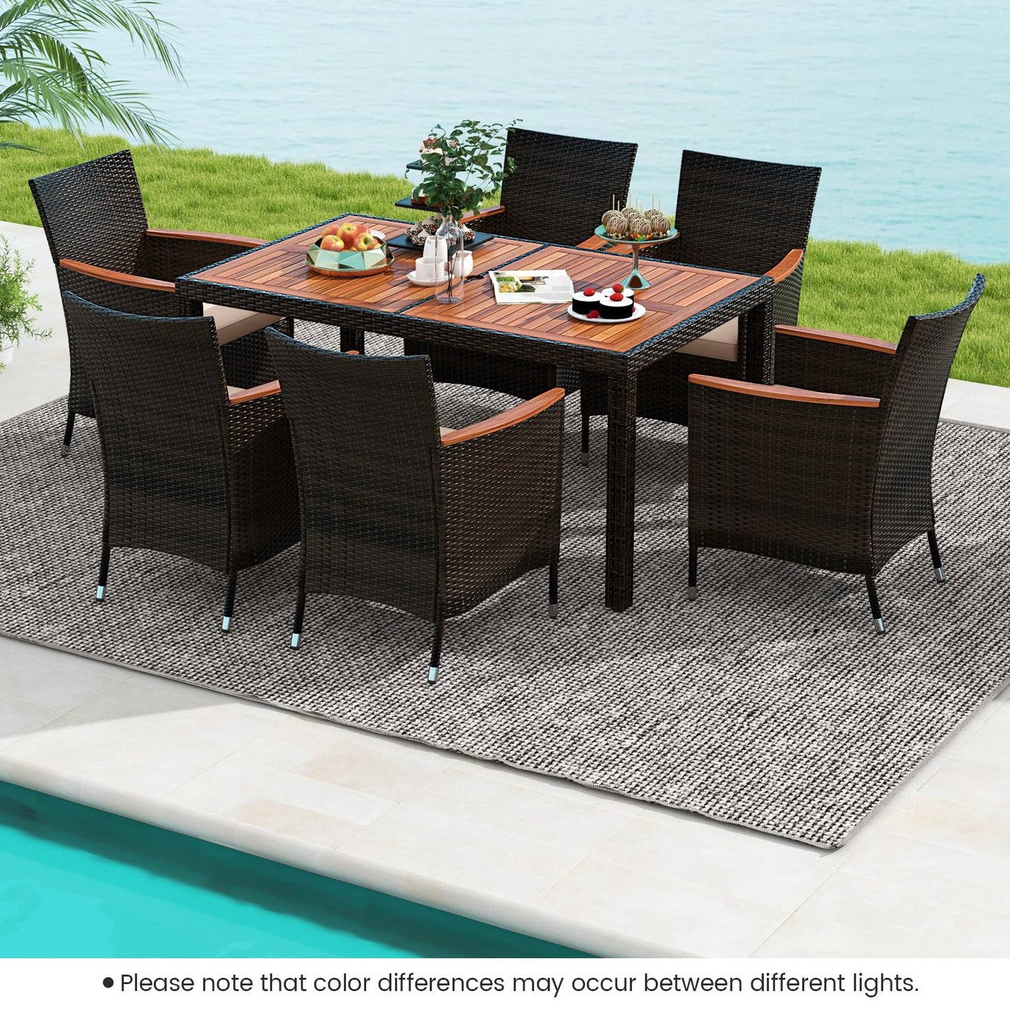 Tangkula 7 or 9 Piece Outdoor Dining Set, Patio Wicker Furniture Set with Acacia Wood Table Top w/Umbrella Hole