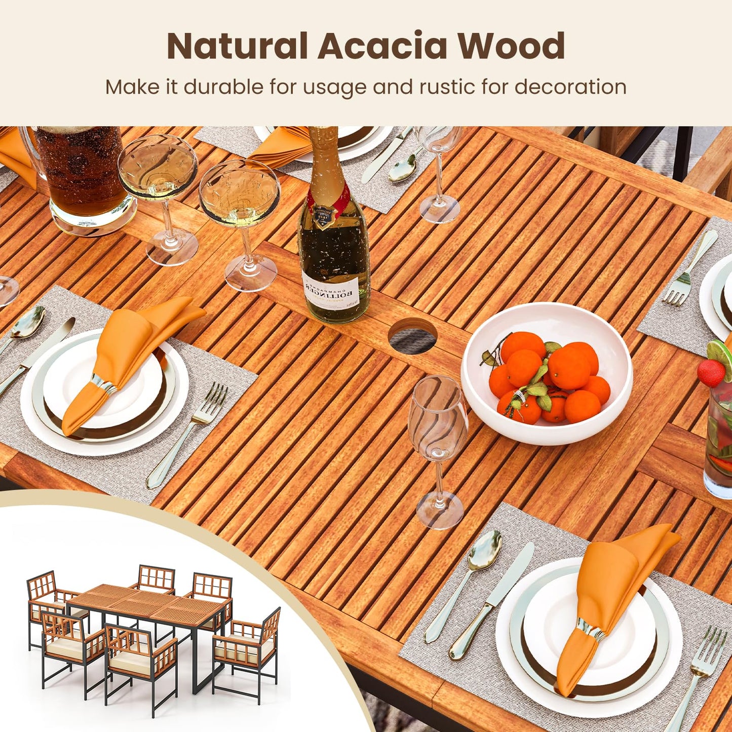 Tangkula 7 Pieces Patio Dining Set, Outdoor Acacia Wood Table and Chairs with Soft Cushions and Umbrella Hole