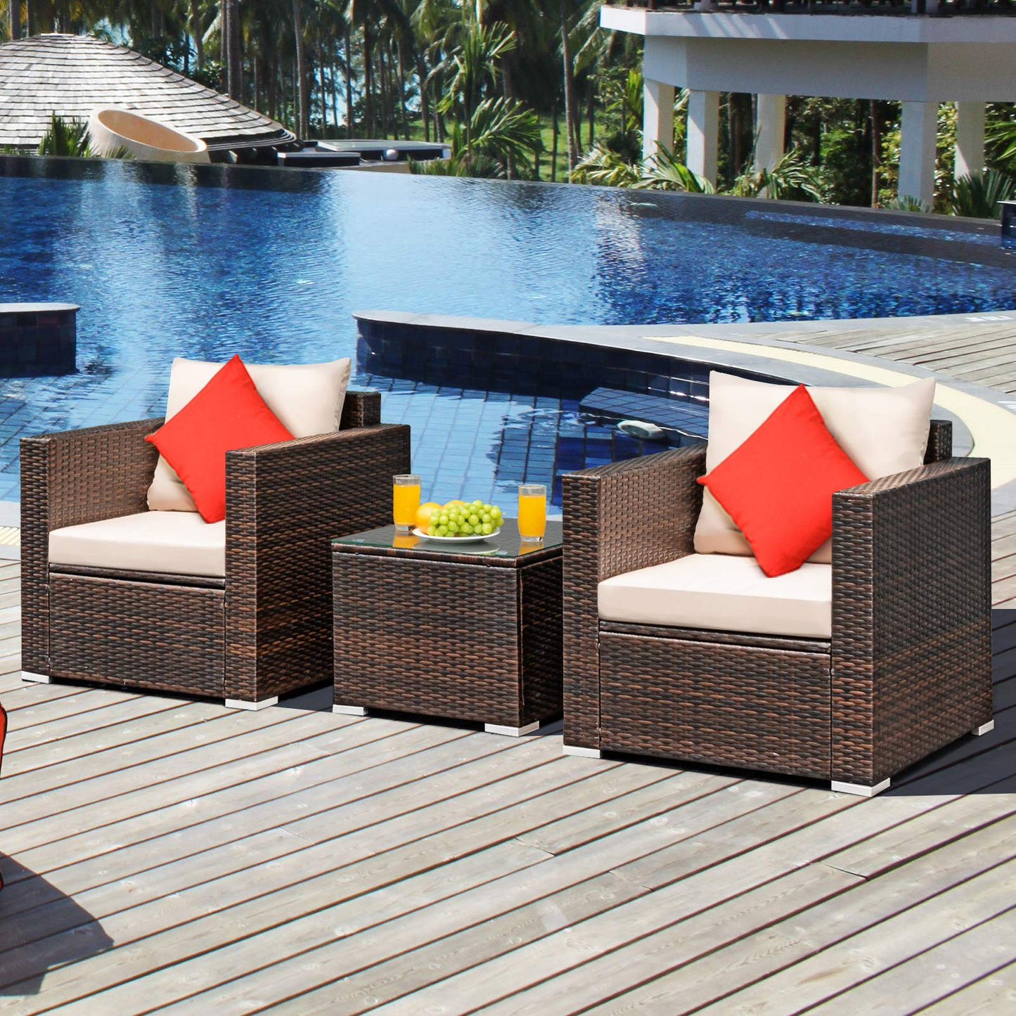 Tangkula 3 Pieces Patio Furniture Set, Outdoor Conversation Rattan Furniture Set
