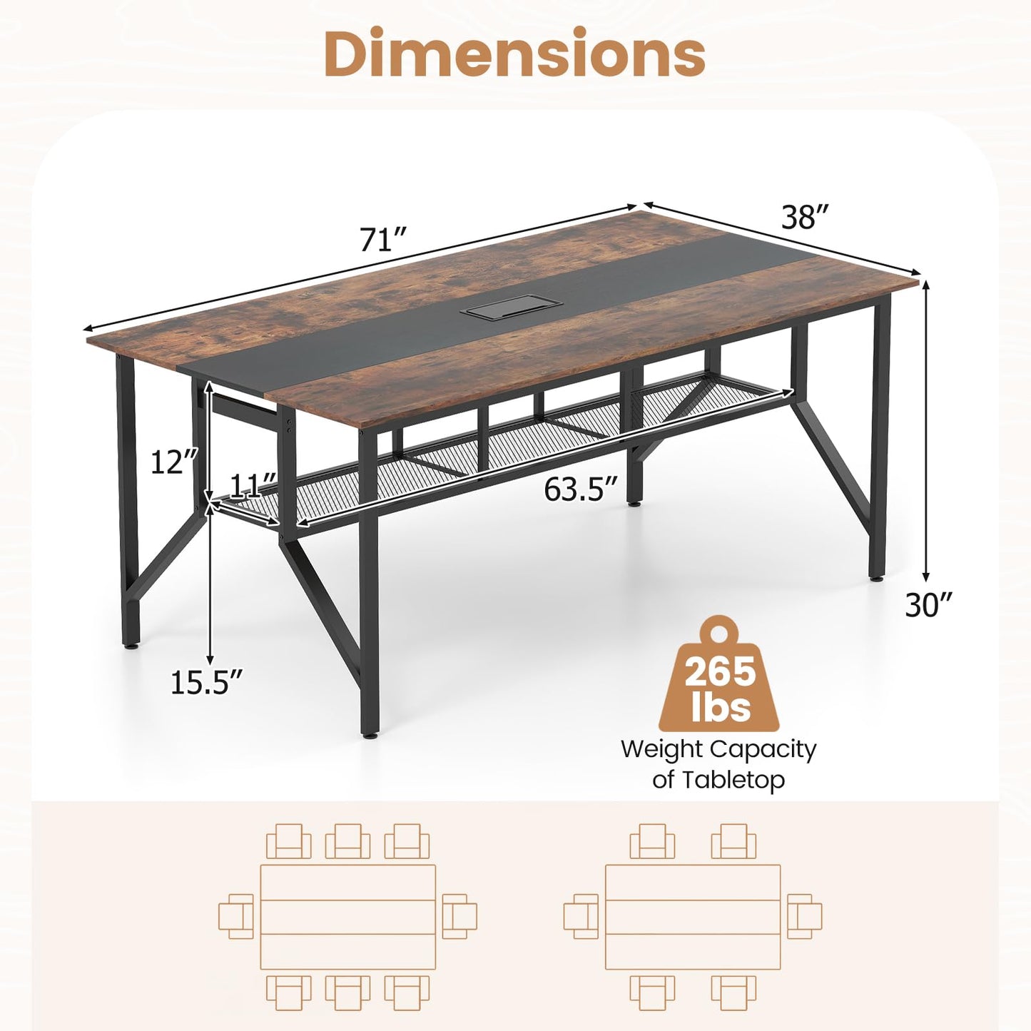 Tangkula 6 FT Rectangular Conference Table with Mesh Storage Shelf & Cable Grommet