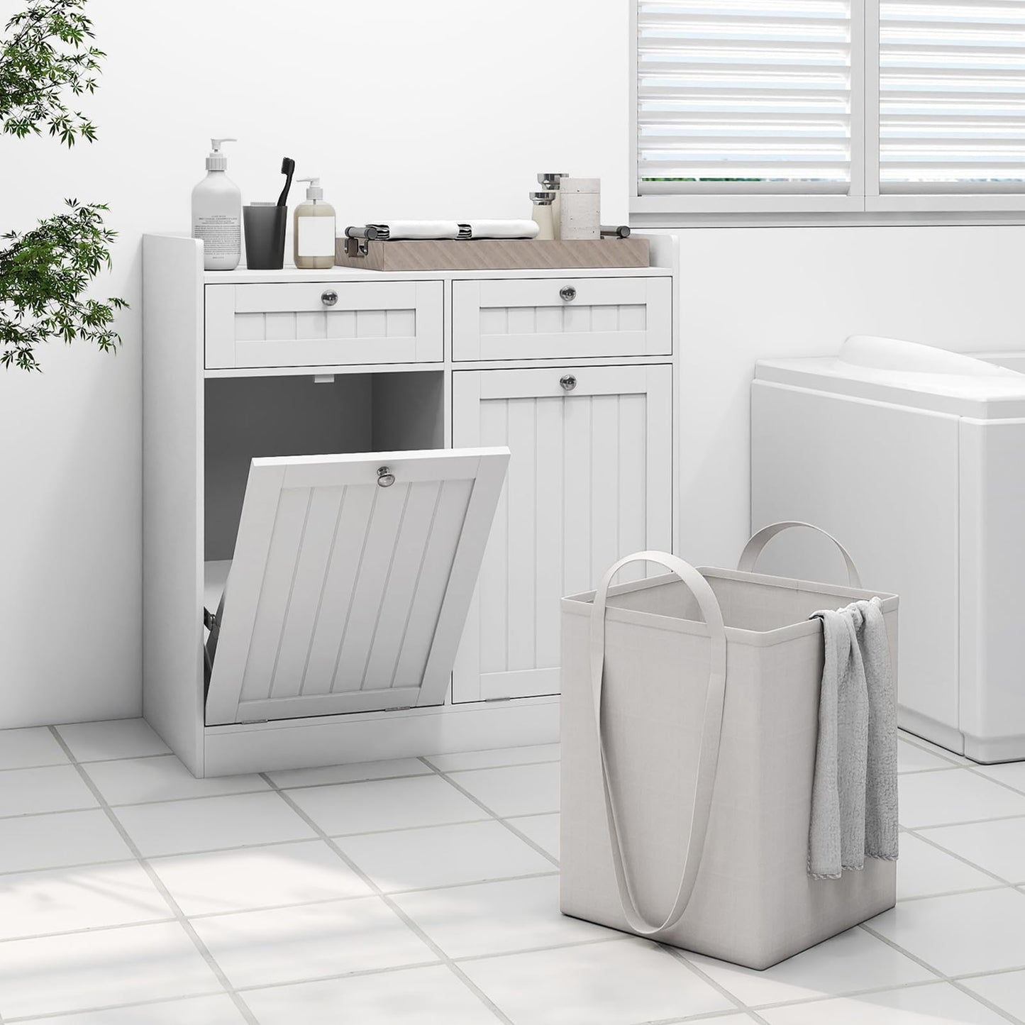 Tangkula Meuble de rangement double à bascule pour panier à linge, 80 cm de haut, pour salle de bain