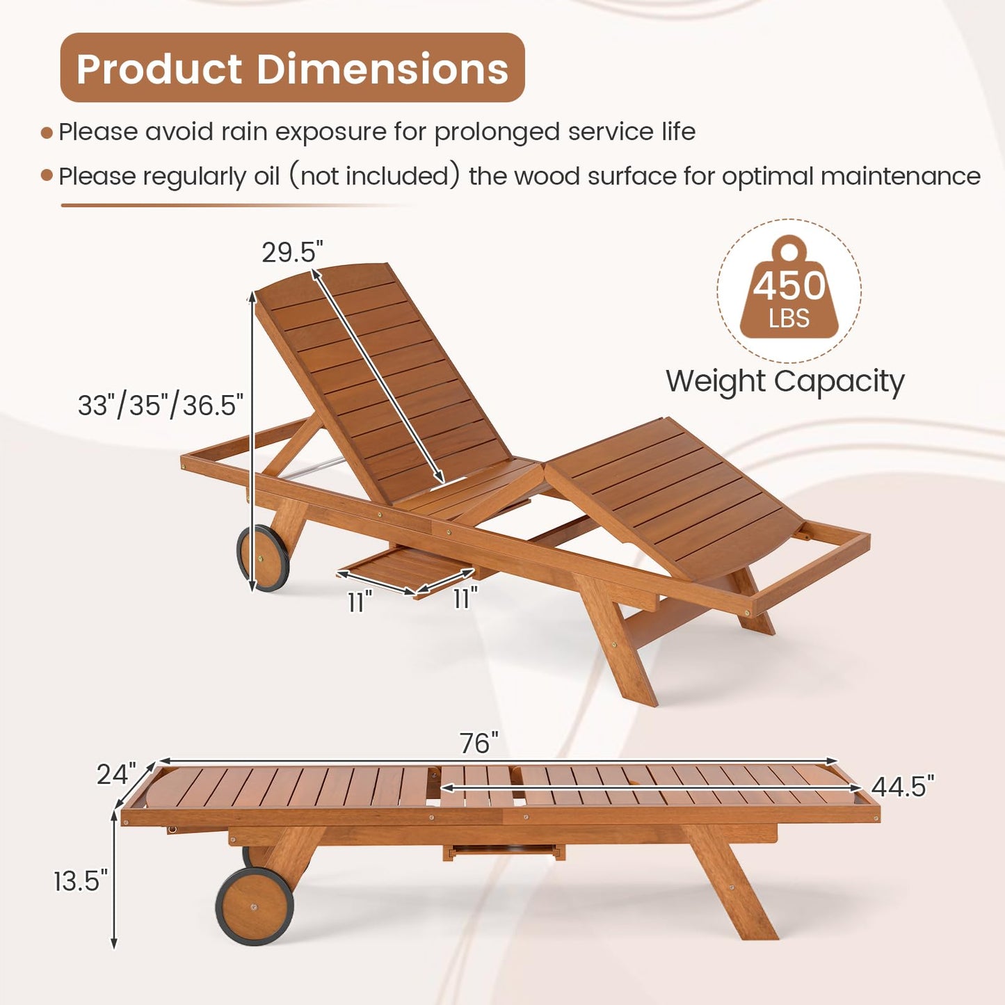 Chaise Longue Extérieure Tangkula avec Roues, Dossier 4 Positions Réglable et Repose-Pieds Rallongeable, Table d'appoint (1/2)