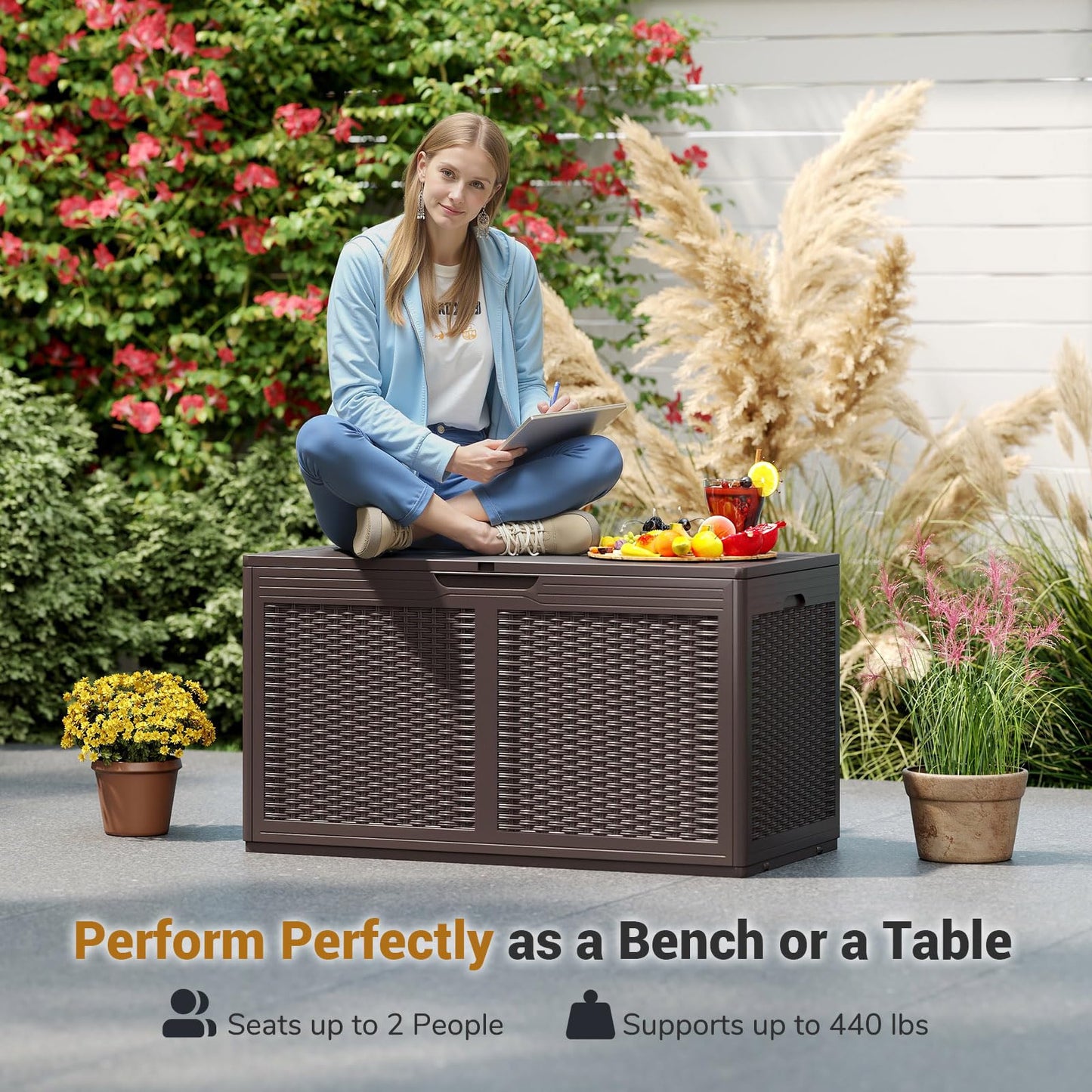 Tangkula 100 Gallon Outdoor Storage Box with 2 Smooth Wheels