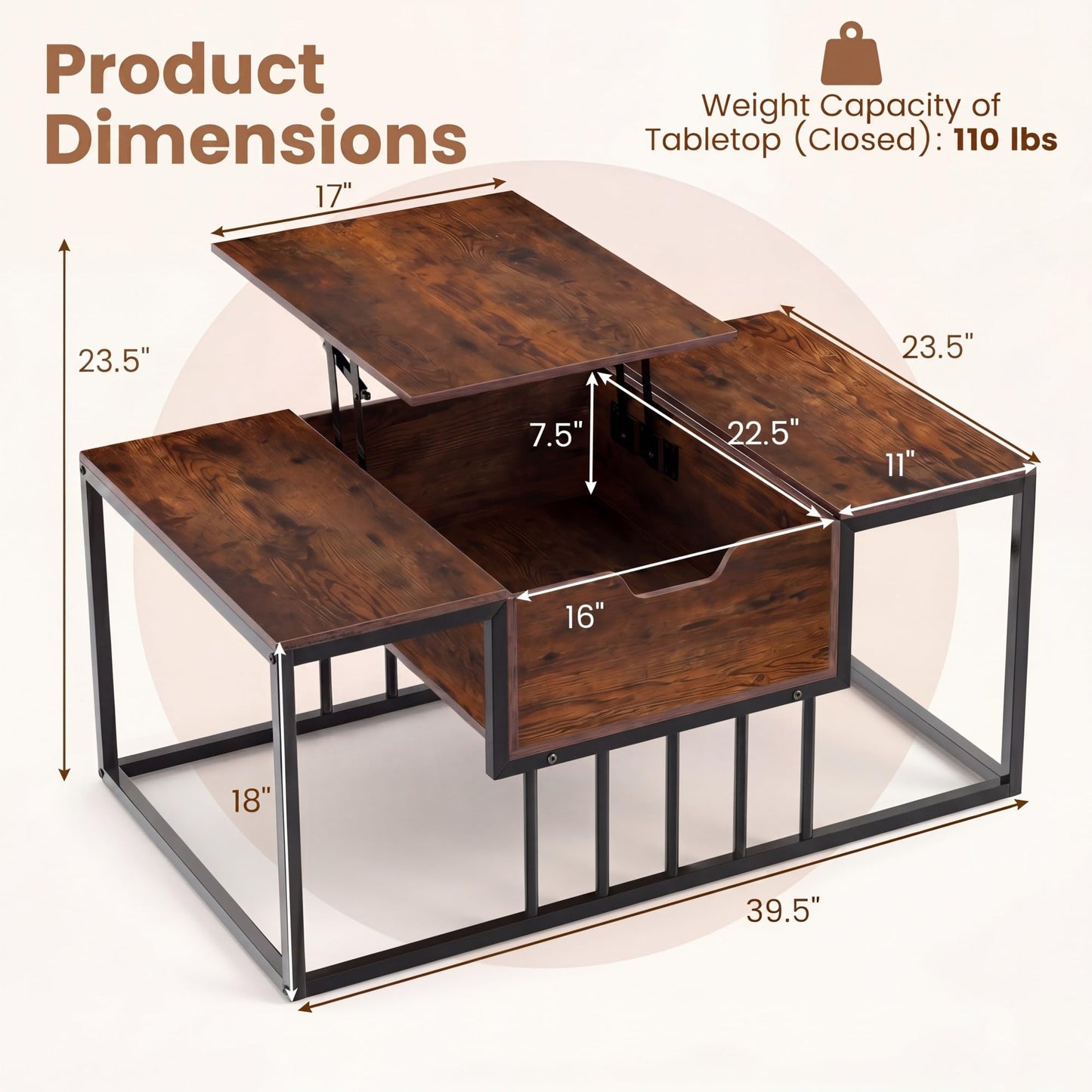 Tangkula Lift Top Coffee Table with Hidden Storage for Living Room