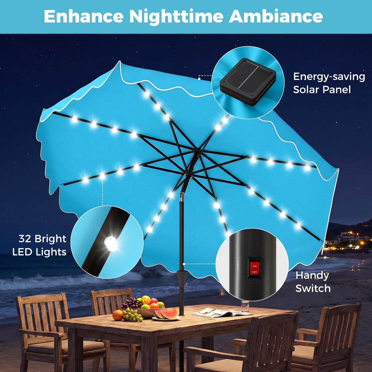 Tangkula 9 FT/10 FT Solar Patio Umbrella with Base Included 32 LED Lights
